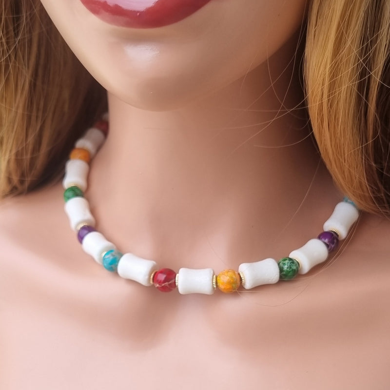 Mardi Gras Multi-Colour Jasper with Tube White Coral Necklace