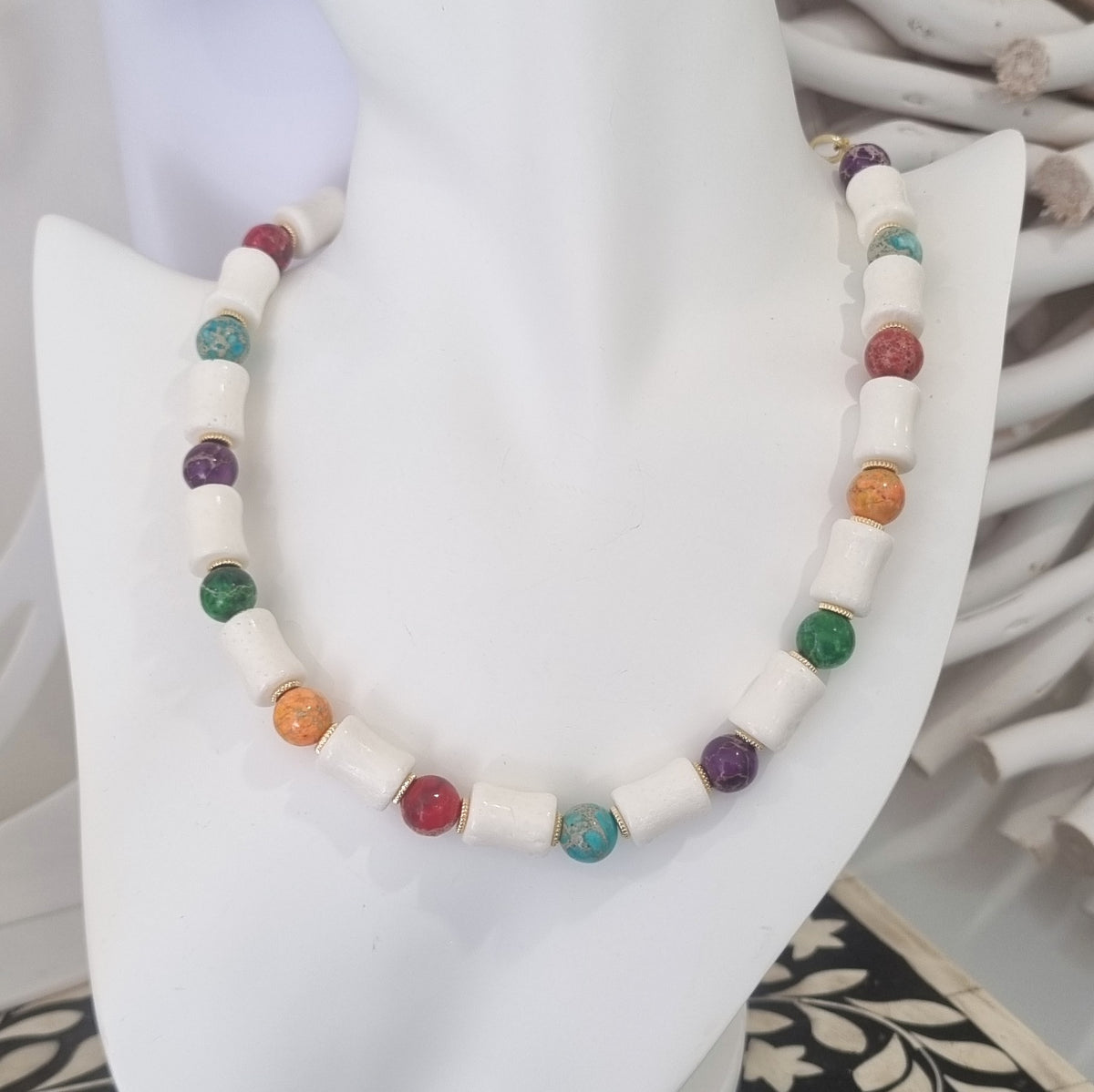 Mardi Gras Multi-Colour Jasper with Tube White Coral Necklace