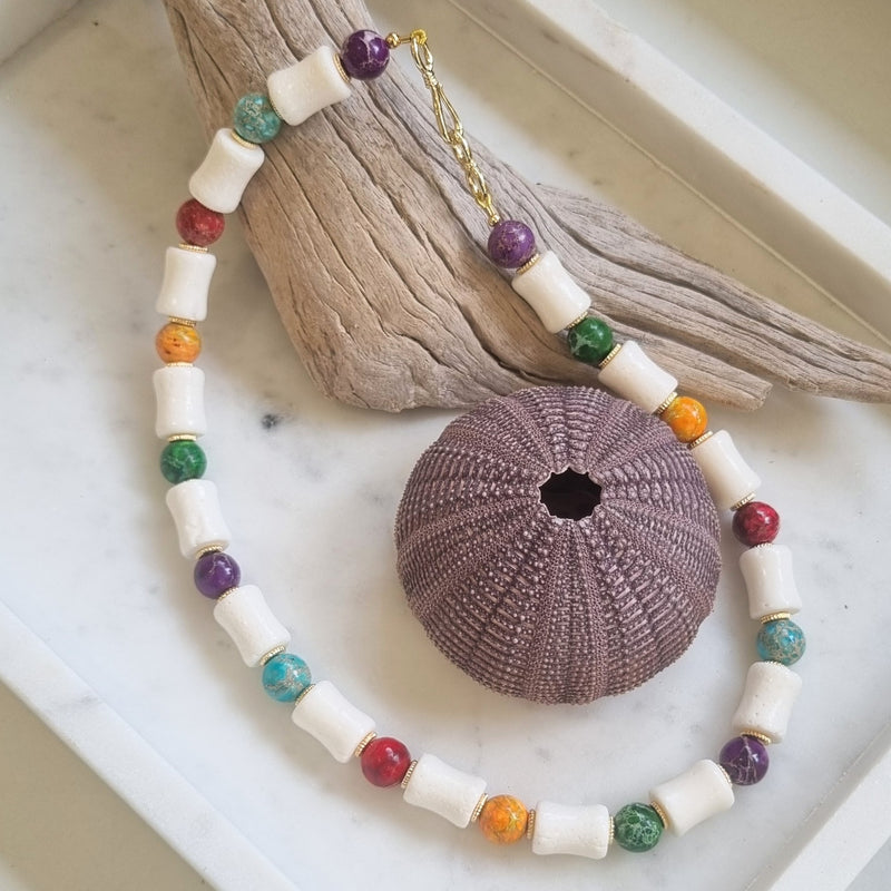 Mardi Gras Multi Colour Jasper with Tube White Coral Necklace