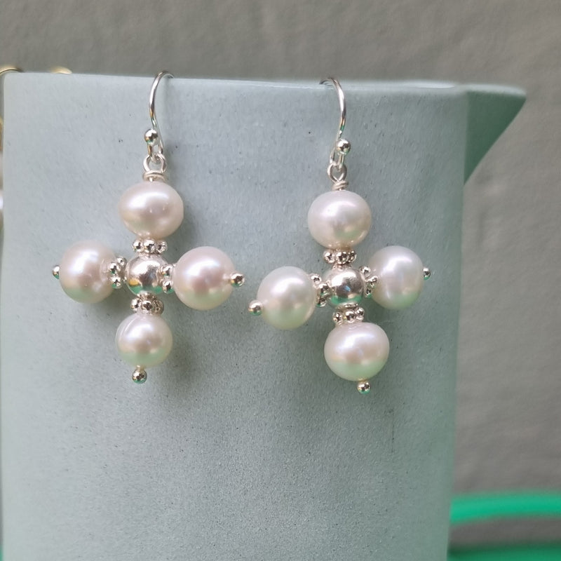 Sage Pearl Cross Earrings Silver or Gold