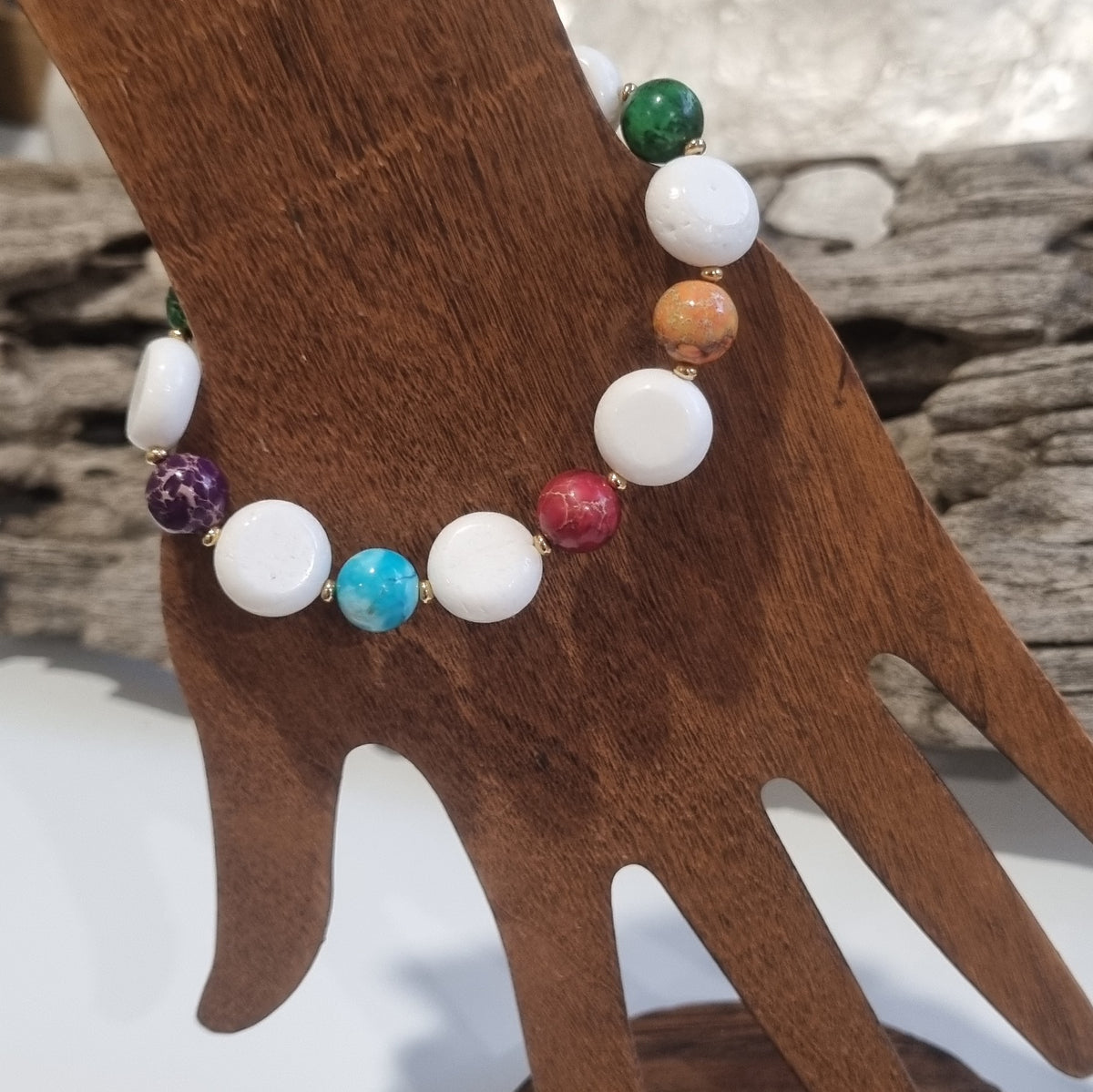 Mardi Gras Multi-Colour Jasper with Coin White Coral Bracelet