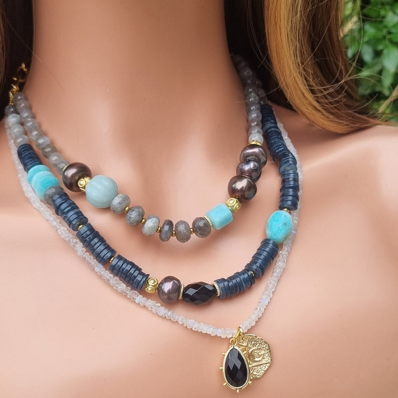 Estadio Pearl, Amazonite, Labradorite, Moonstone and Onyx Necklace