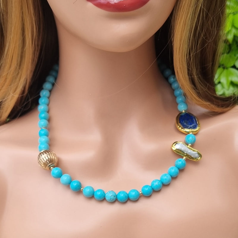 Sadie Freshwater Pearl, Turquoise, Lapis Lazuli Necklace