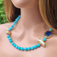 Sadie Freshwater Pearl, Turquoise, Lapis Lazuli Necklace