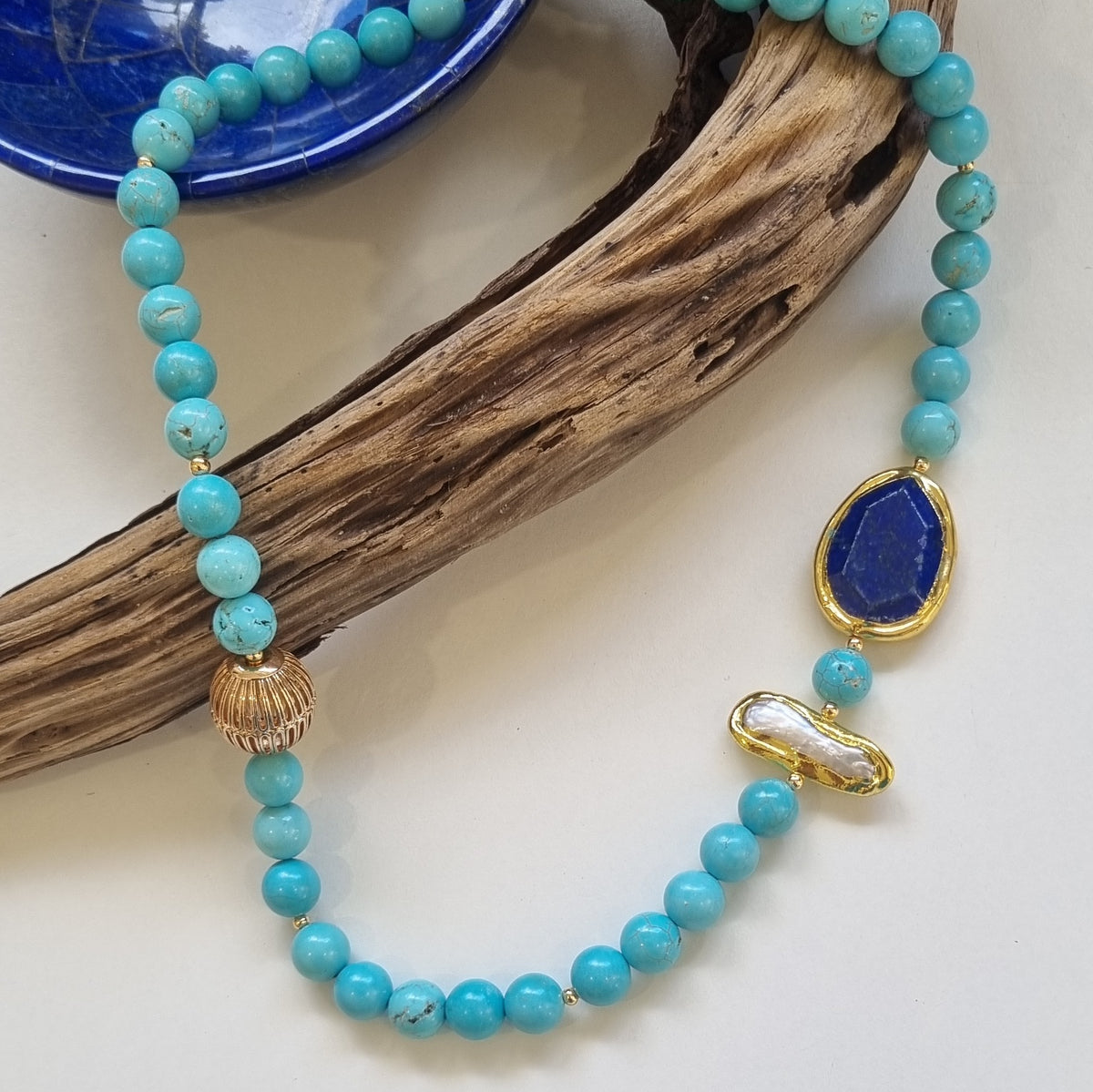 Sadie Freshwater Pearl, Turquoise, Lapis Lazuli Necklace