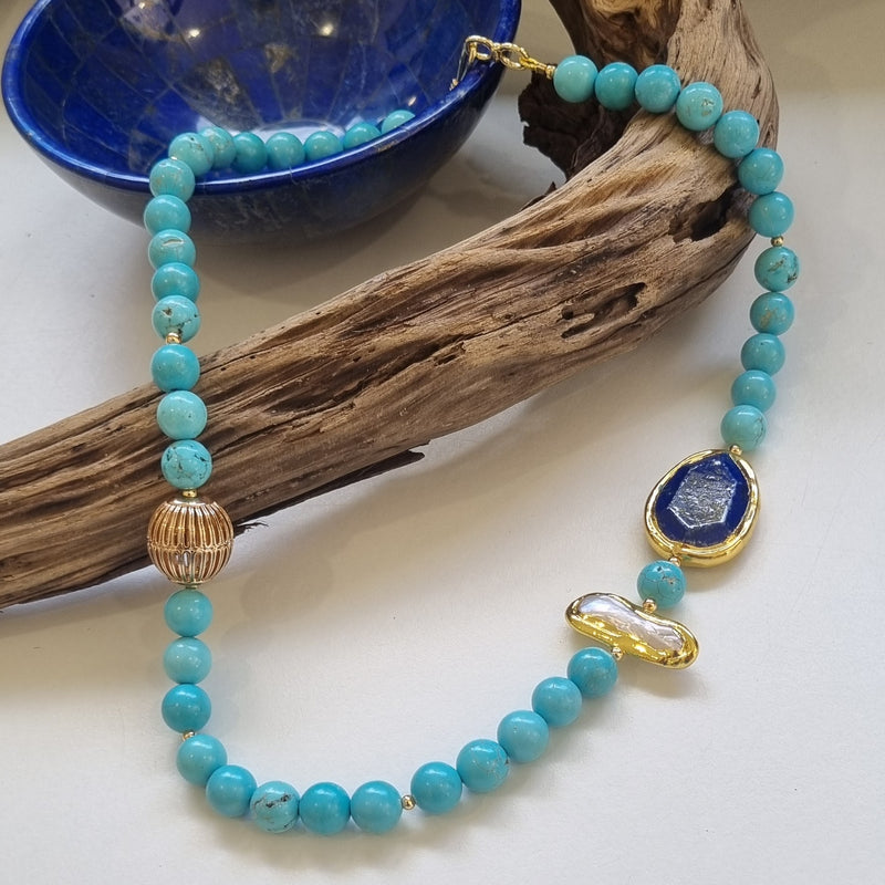 Sadie Freshwater Pearl, Turquoise, Lapis Lazuli Necklace