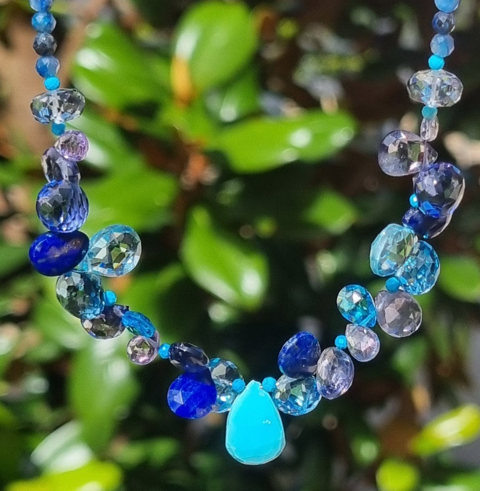 Gemmy Kyanite, Blue Topaz, Lapis Lazuli, Iolite and Turquoise Sterling Silver Necklace