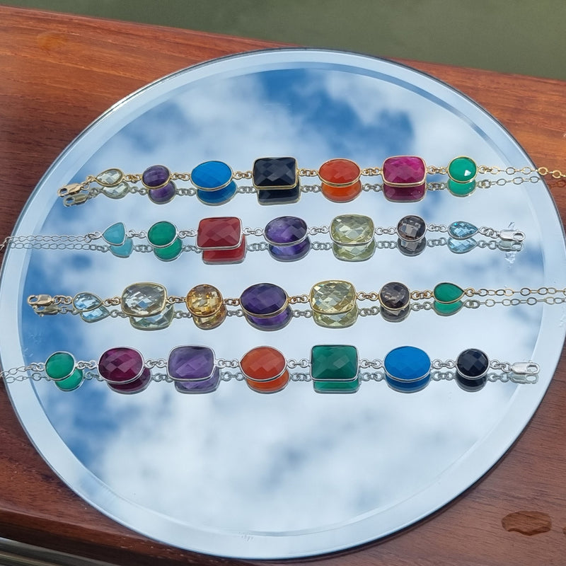 Monty Green Onyx, Carnelian, Amethyst, Lemon Quartz, Smokey Quartz and Blue Topaz Sterling Silver bracelet