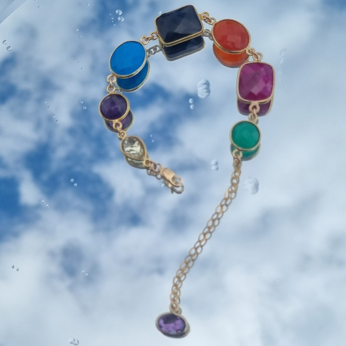 Monty Green Onyx, Ruby, Carnelian, Onyx, Turquoise, Amethyst and Green Amethyst Gold Plated Sterling Silver bracelet