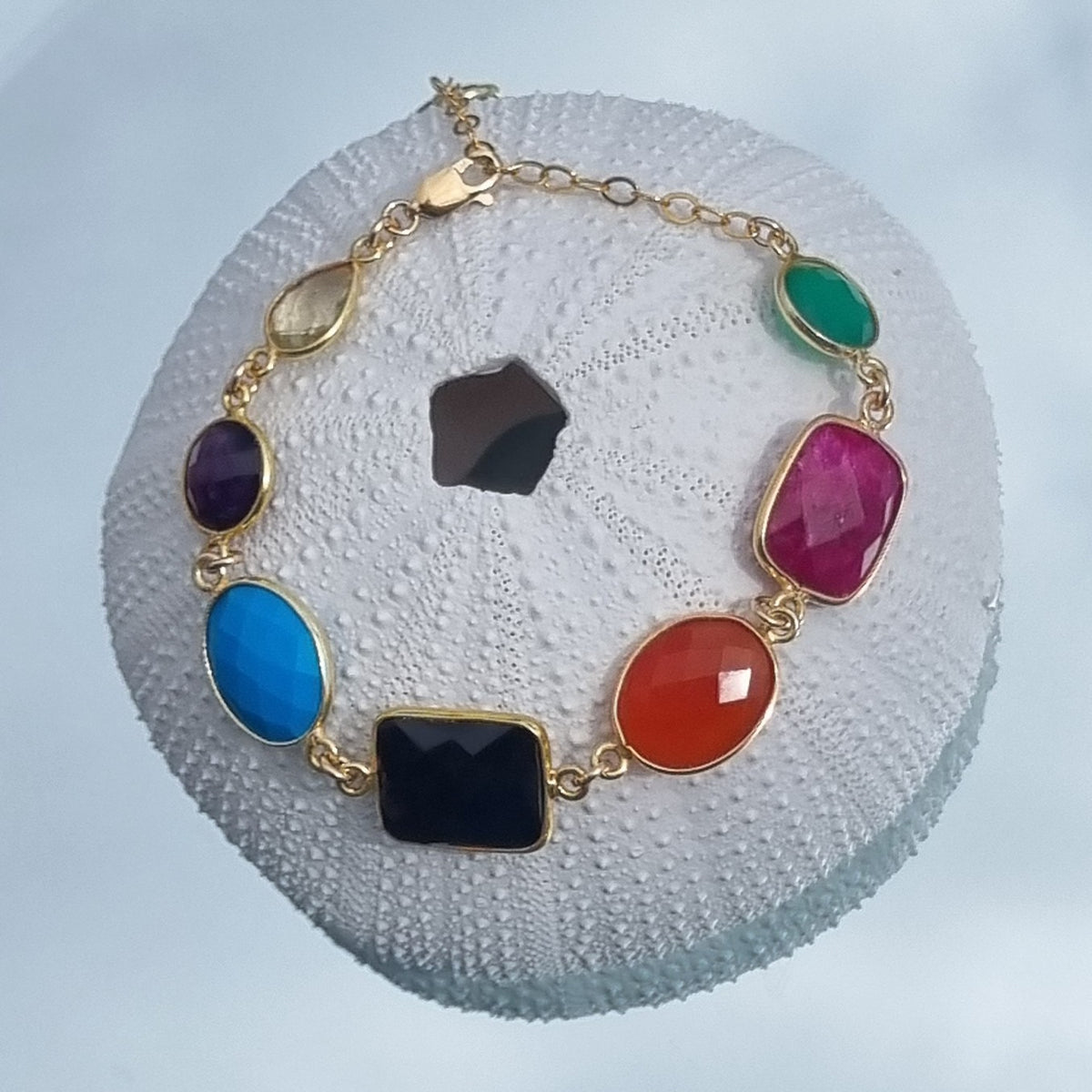 Monty Green Onyx, Ruby, Carnelian, Onyx, Turquoise, Amethyst and Green Amethyst Gold Plated Sterling Silver bracelet