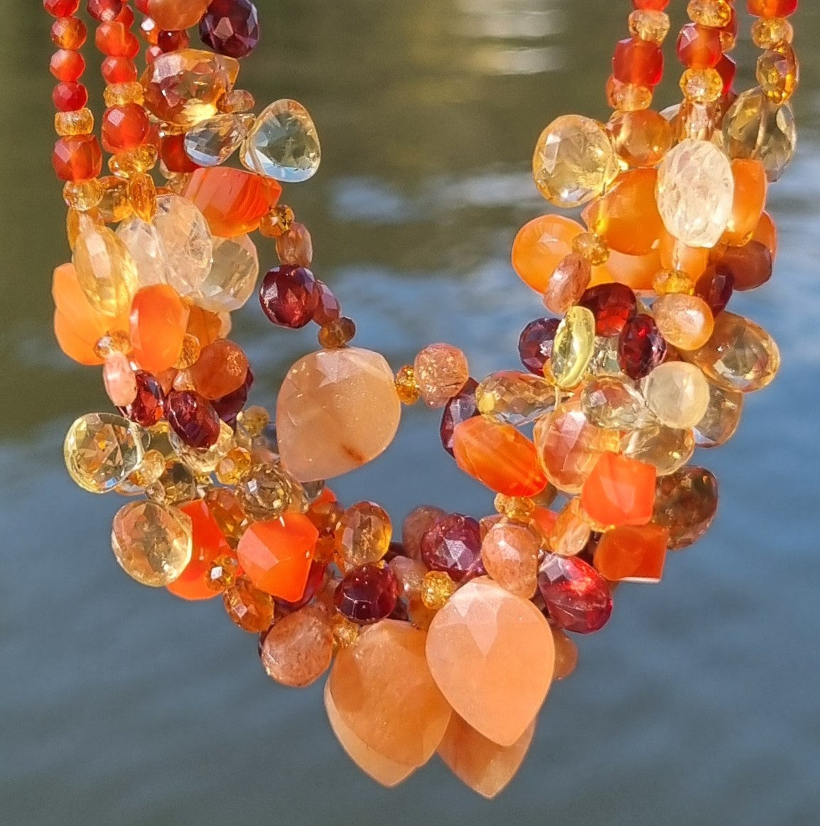 Gemmy Citrine, Carnelian, Garnet, Lemon Quartz, Topaz and Sunstone Sterling Silver necklace