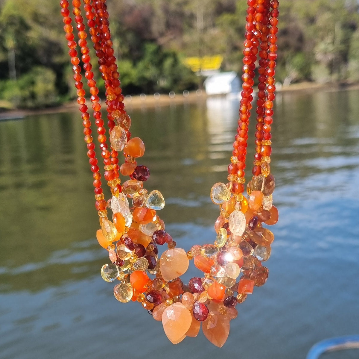 Gemmy Citrine, Carnelian, Garnet, Lemon Quartz, Topaz and Sunstone Sterling Silver necklace