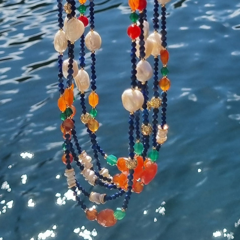 Thebes Lapis Lazuli, Carnelian, Pearl and Green Onyx Long Necklace