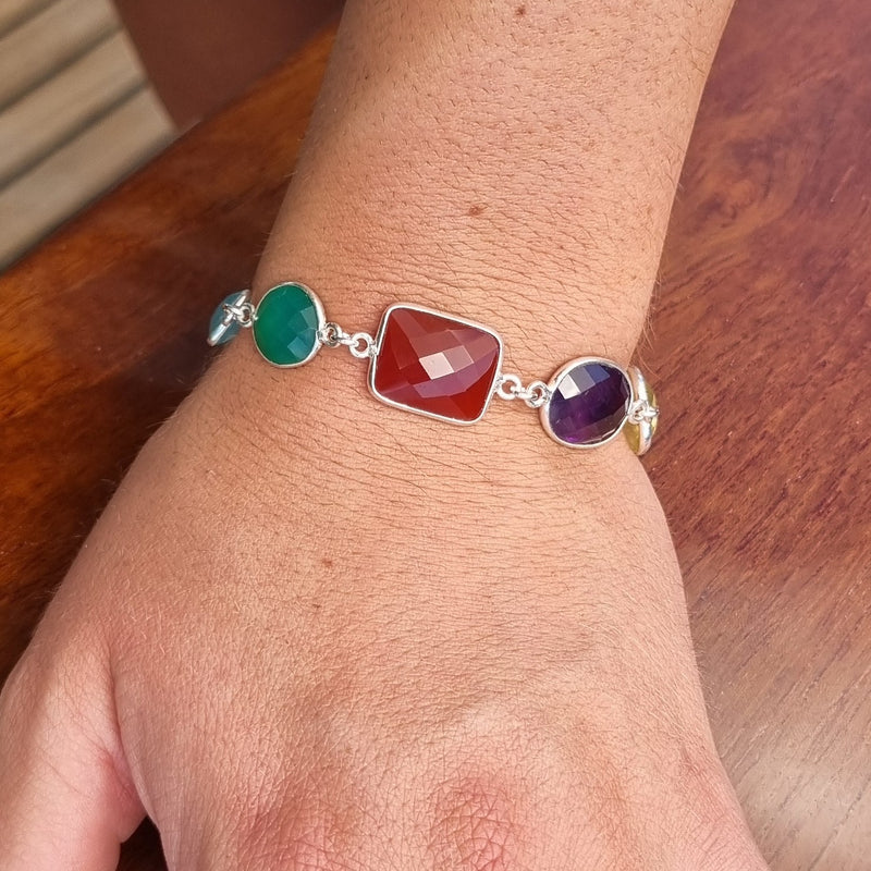 Monty Green Onyx, Carnelian, Amethyst, Lemon Quartz, Smokey Quartz and Blue Topaz Sterling Silver bracelet