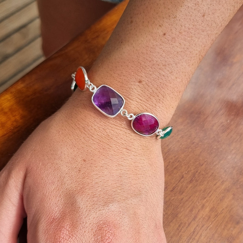 Monty Green Onyx, Ruby, Amethyst, Carnelian, Turquoise and Onyx Sterling Silver bracelet