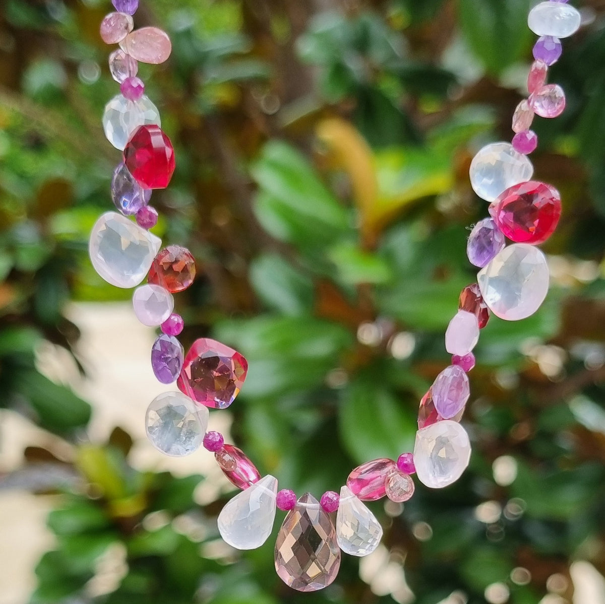 Gemmy Ruby, Garnet, Rose Quartz, Tourmaline and Amethyst Sterling Silver Necklace