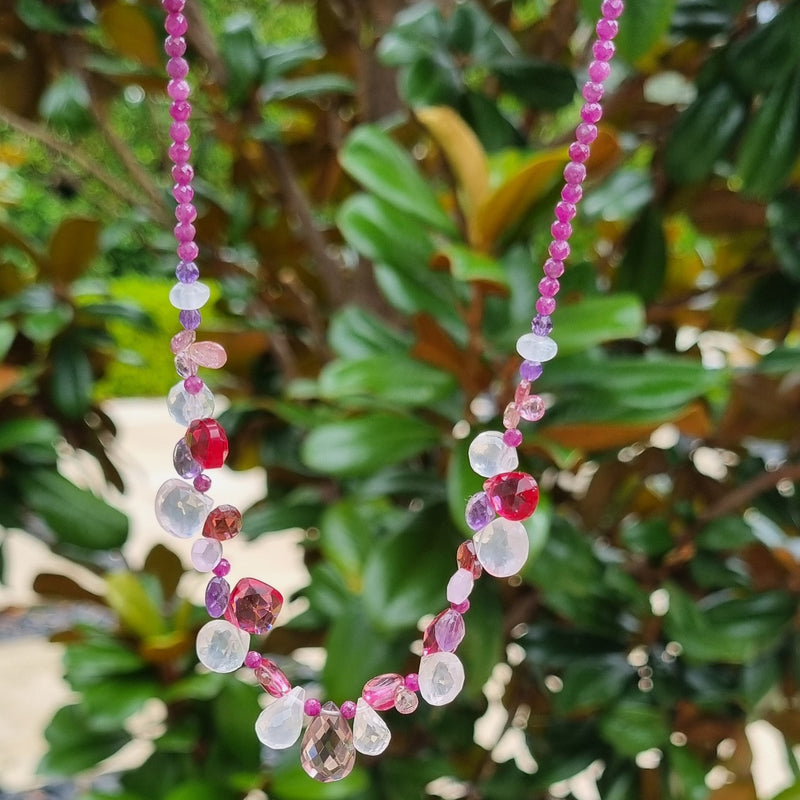 Gemmy Ruby, Garnet, Rose Quartz, Tourmaline and Amethyst Sterling Silver Necklace