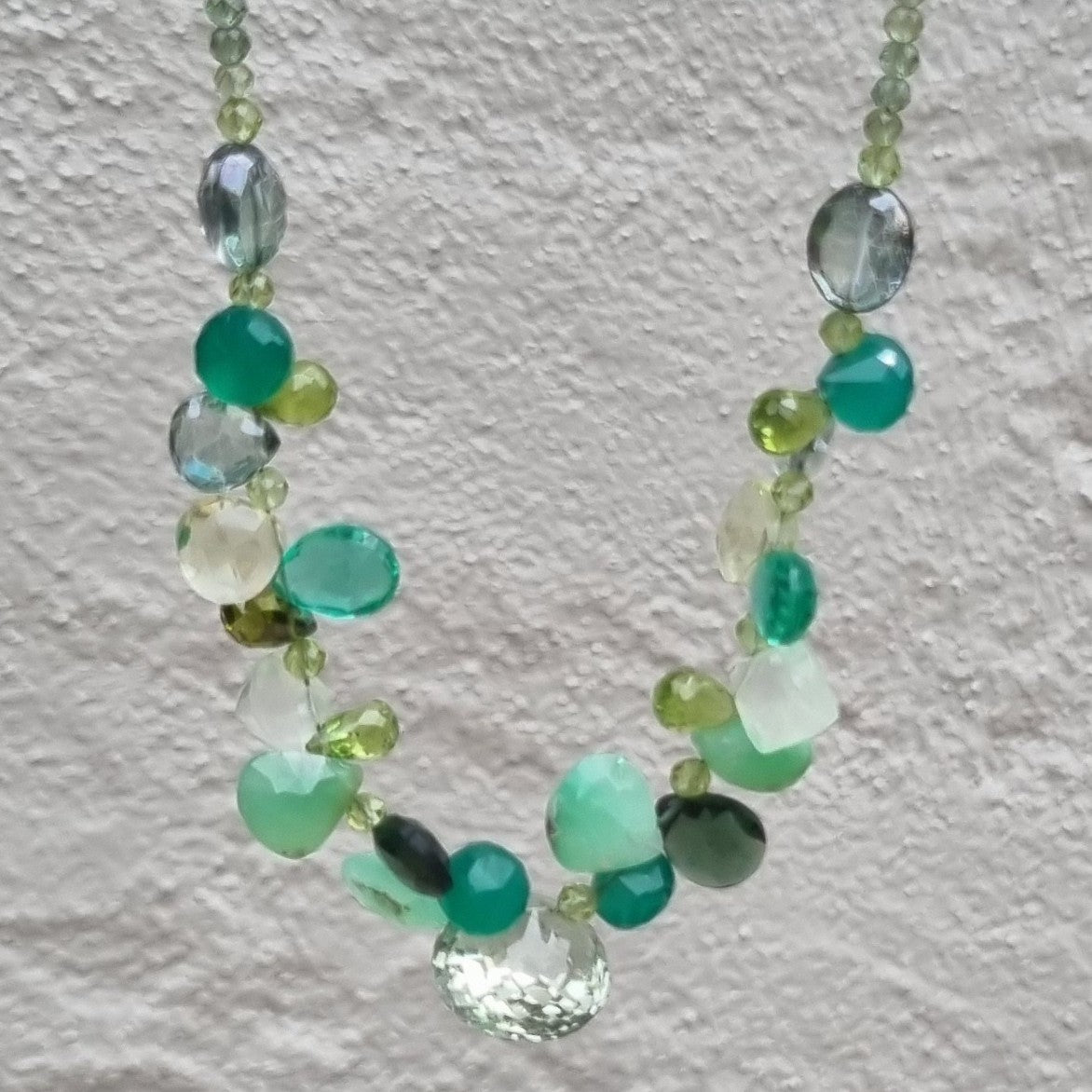 Gemmy Apatite, Green Onyx, Green Amethyst, Topaz, Prehnite and Chrysophase Sterling Silver Necklace