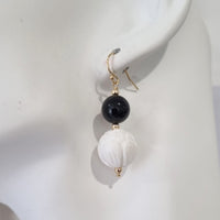 Noir Carved White Coral and Onyx Sterling Silver or Gold Filled Earrings