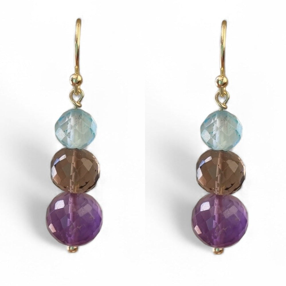 Genova Amethyst, Smokey Quartz and Blue Topaz Gold Filled Earrings