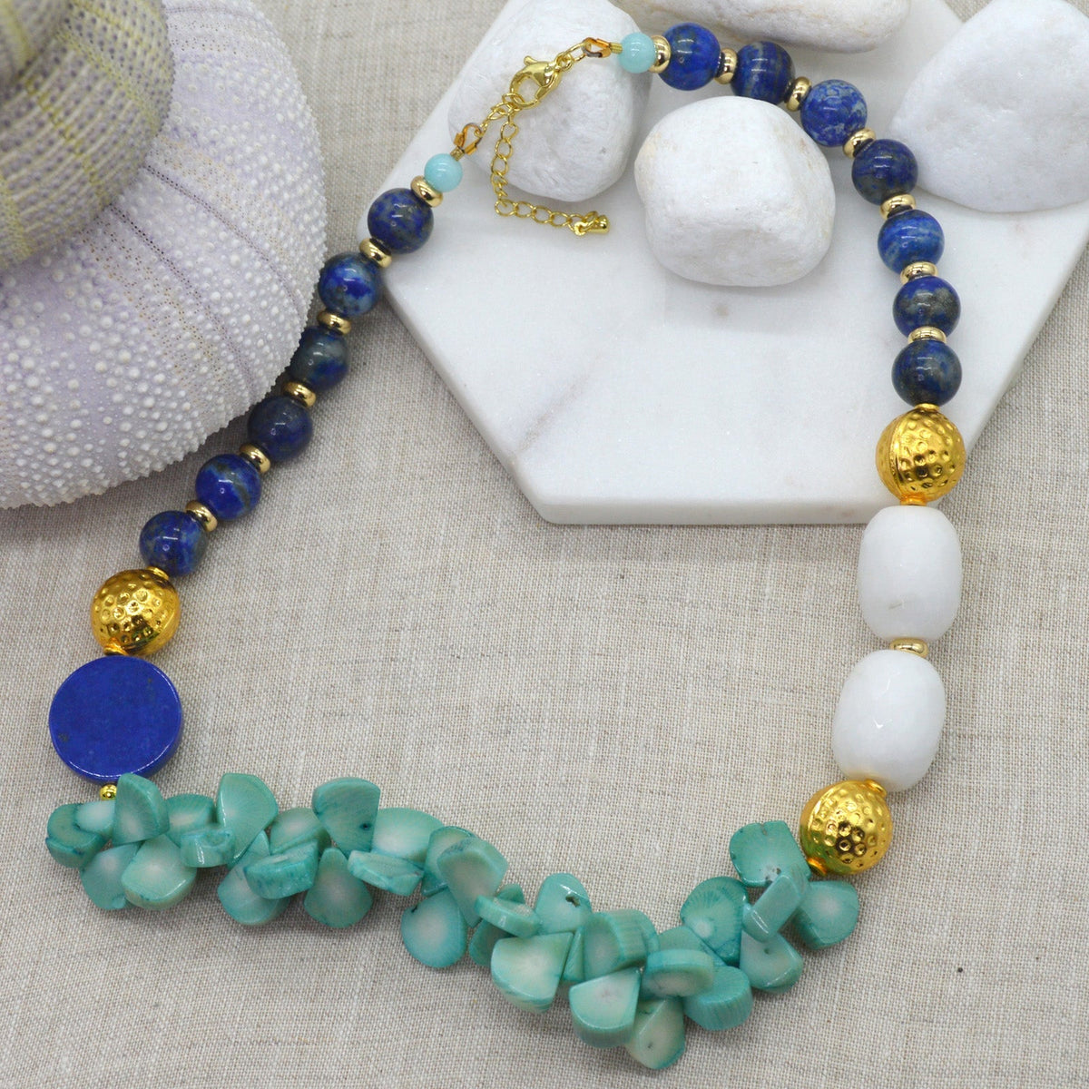 Domino Lapis Lazuli, Coral & Jade Necklace