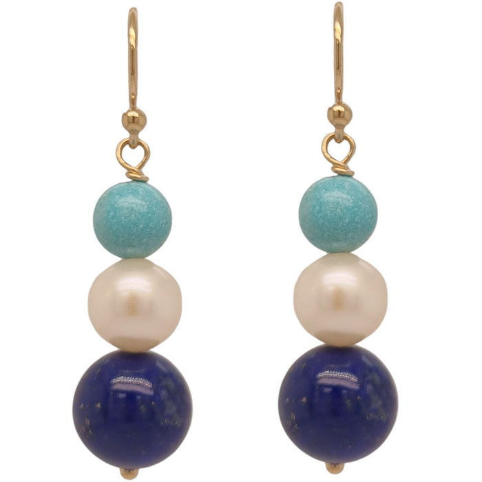Lapis Lazuli, Turquoise & Freshwater Pearl 14k Gold filled or Sterling Silver Earring