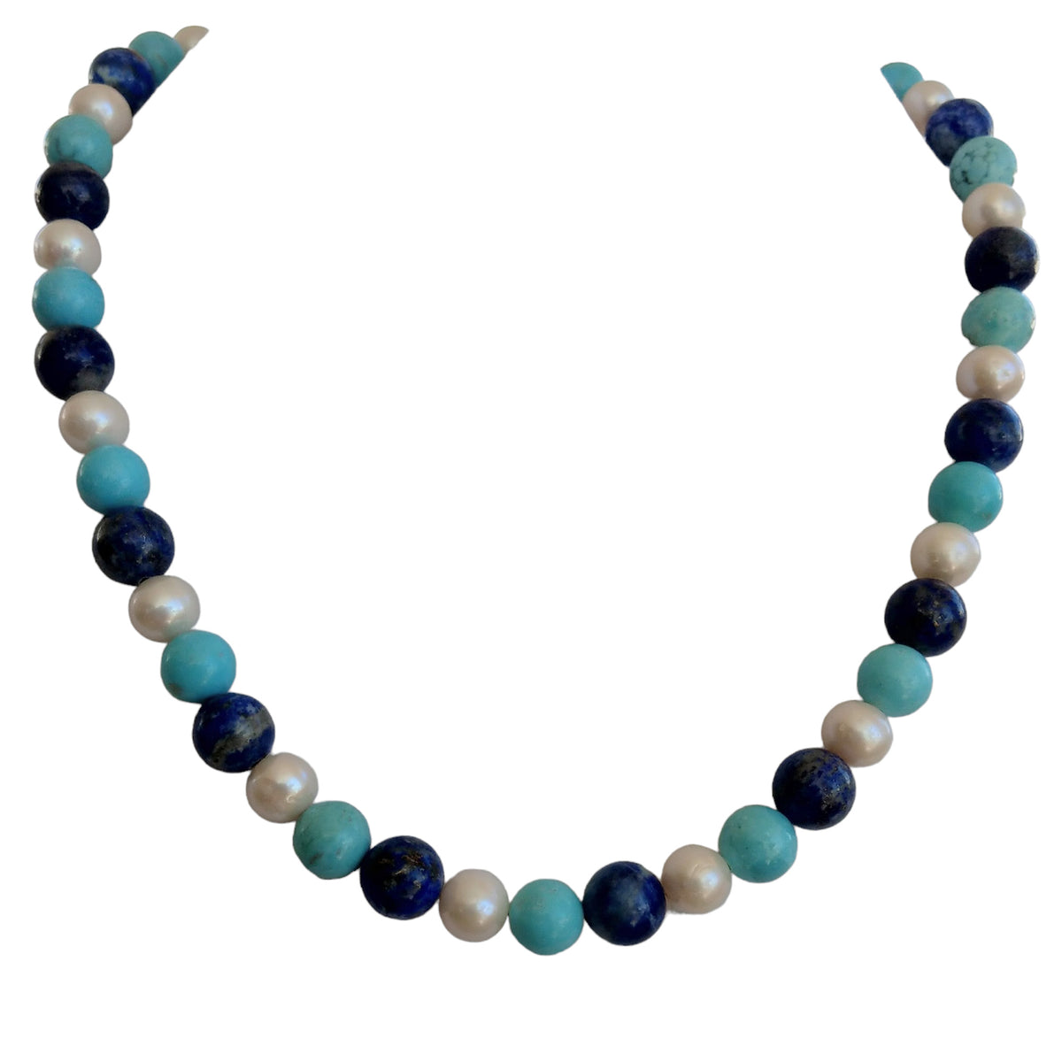 Lapis Lazuli, Turquoise & Freshwater Pearl Gold Necklace