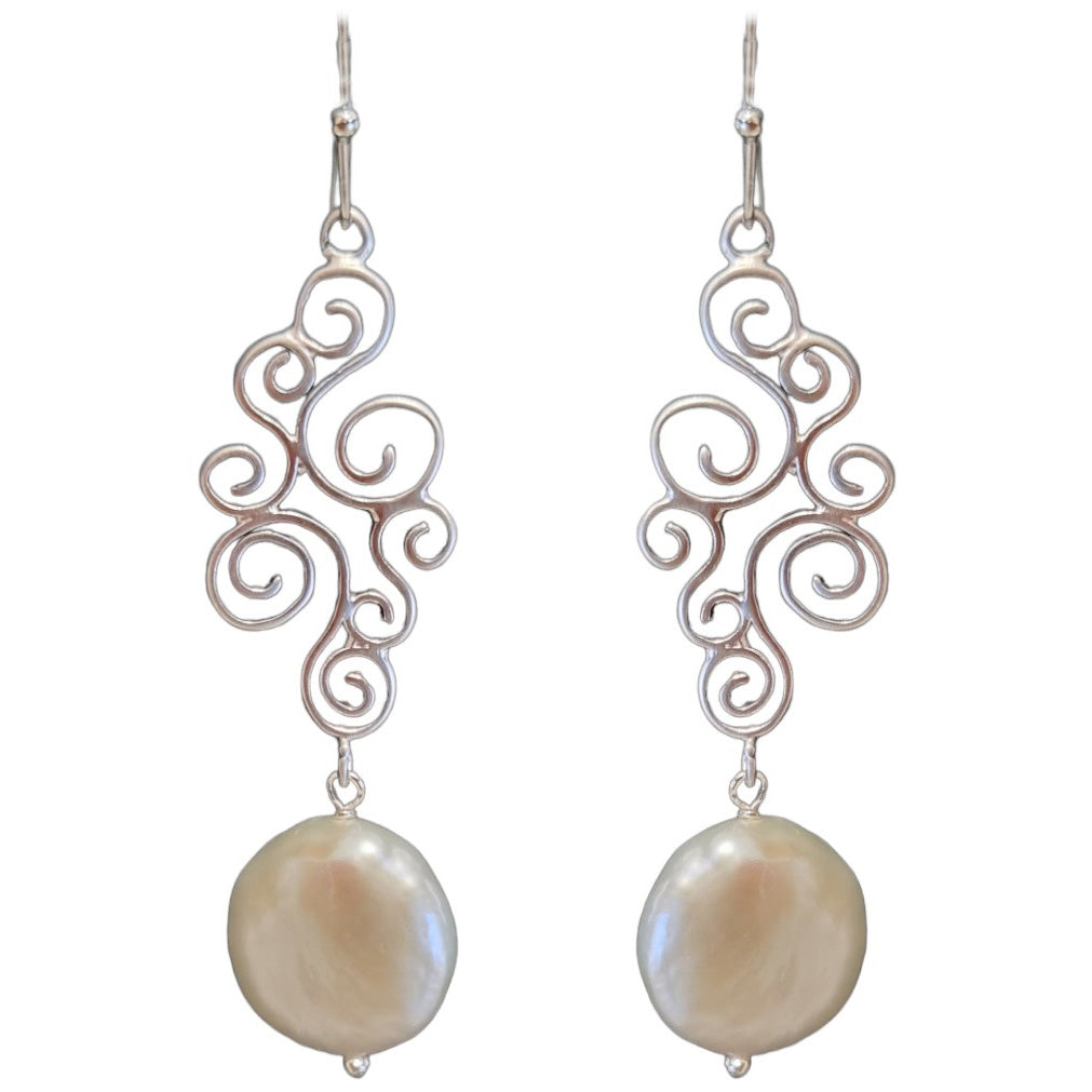 Babe Fresh Water Pearl scroll Earrings Silver or Gold