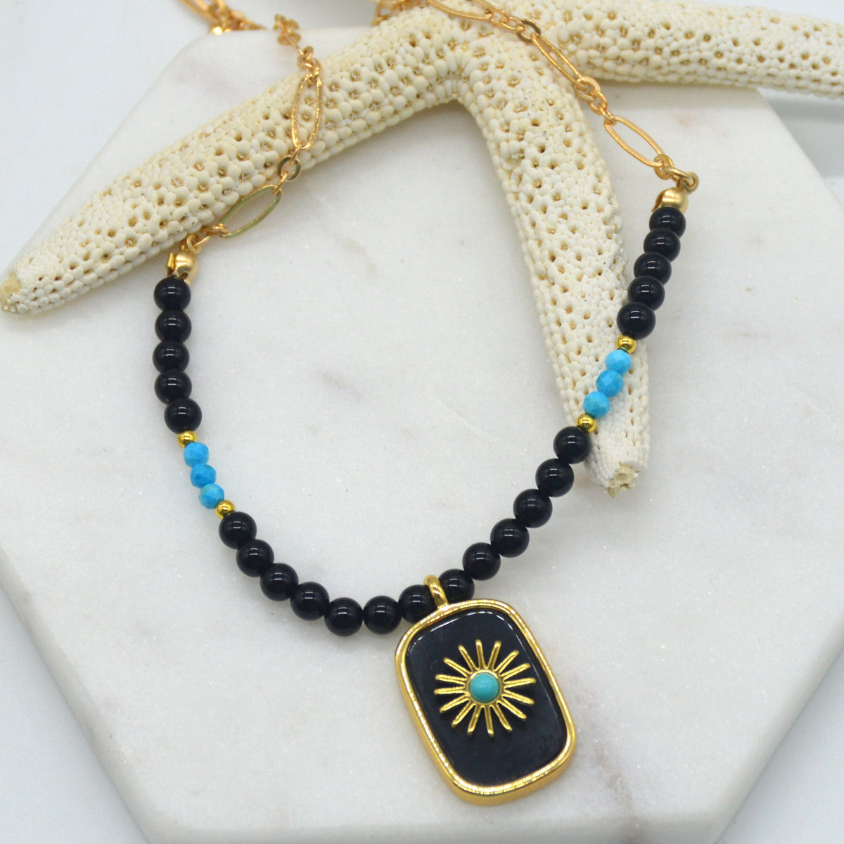 Blaze Onyx and Turquoise Pendant Necklace