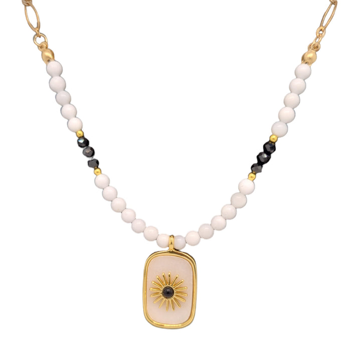 Blaze White Jade, Shell, Spinel and Onyx Pendant Necklace