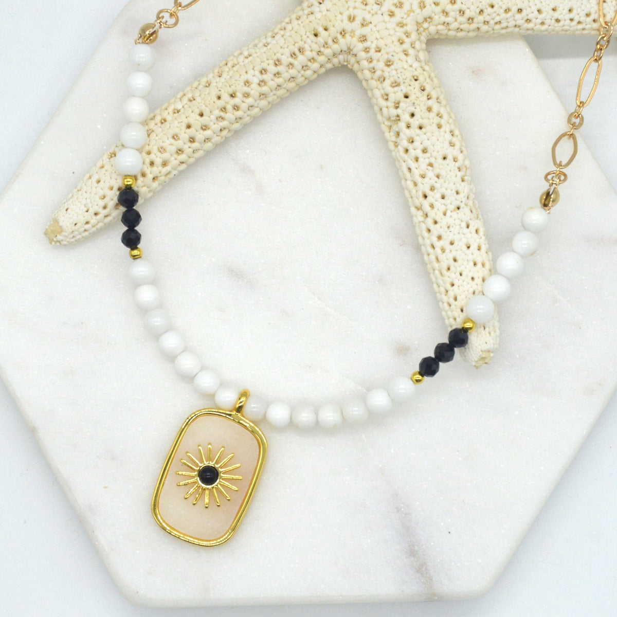 Blaze White Jade, Shell, Spinel and Onyx Pendant Necklace