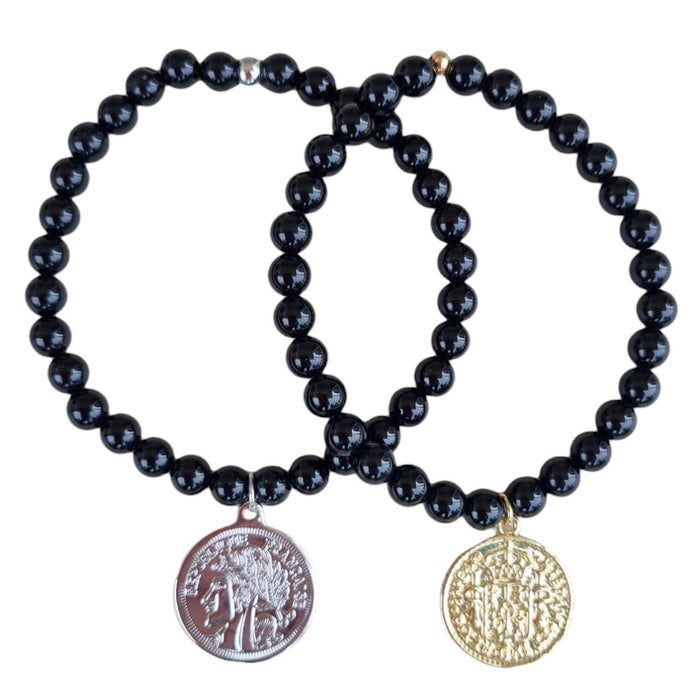 Amara Stretchy Onyx Coin Bracelets Gold or silver