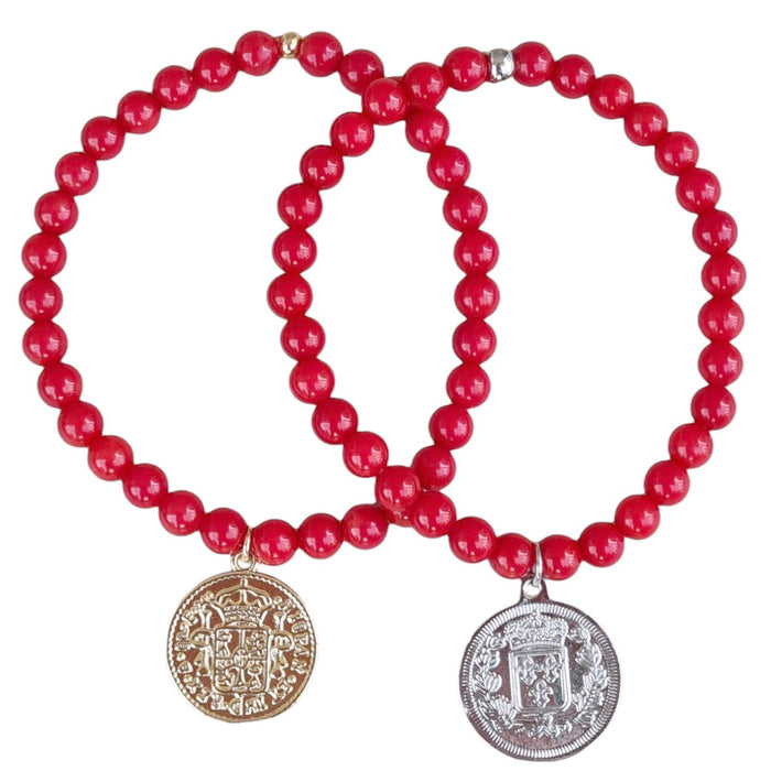 Amara Stretchy Red Coral Coin Bracelets Gold or Silver