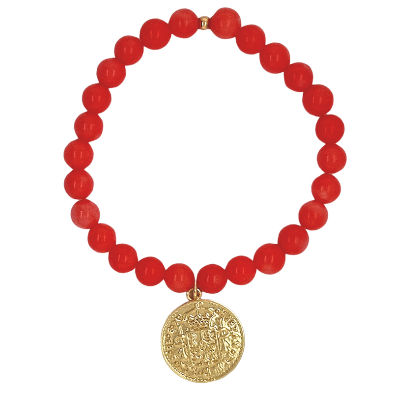 Amara Stretchy Red Coral Coin Bracelets Gold or Silver