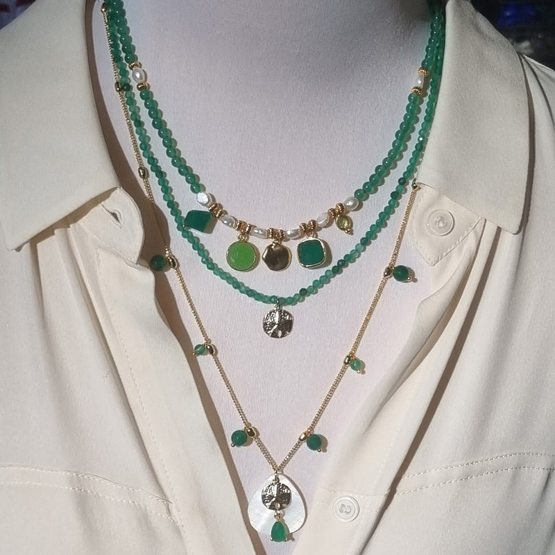 Jamalia Green Onyx and Freshwater Pearl stacking Necklaces