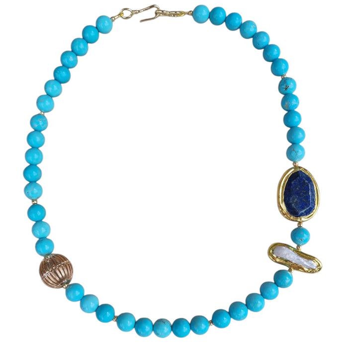 Sadie Freshwater Pearl, Turquoise, Lapis Lazuli Necklace