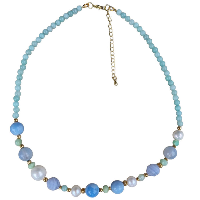 Daisy Blue Lace Agate, Freshwater Pearl and Chrysophase Necklace