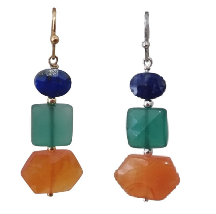 Deva Lapis Lazuli, Green Onyx and Carnelian Earrings Platinum or Gold