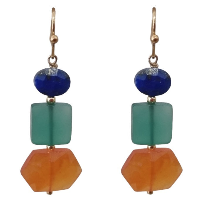 Deva Lapis Lazuli, Green Onyx and Carnelian Earrings Platinum or Gold