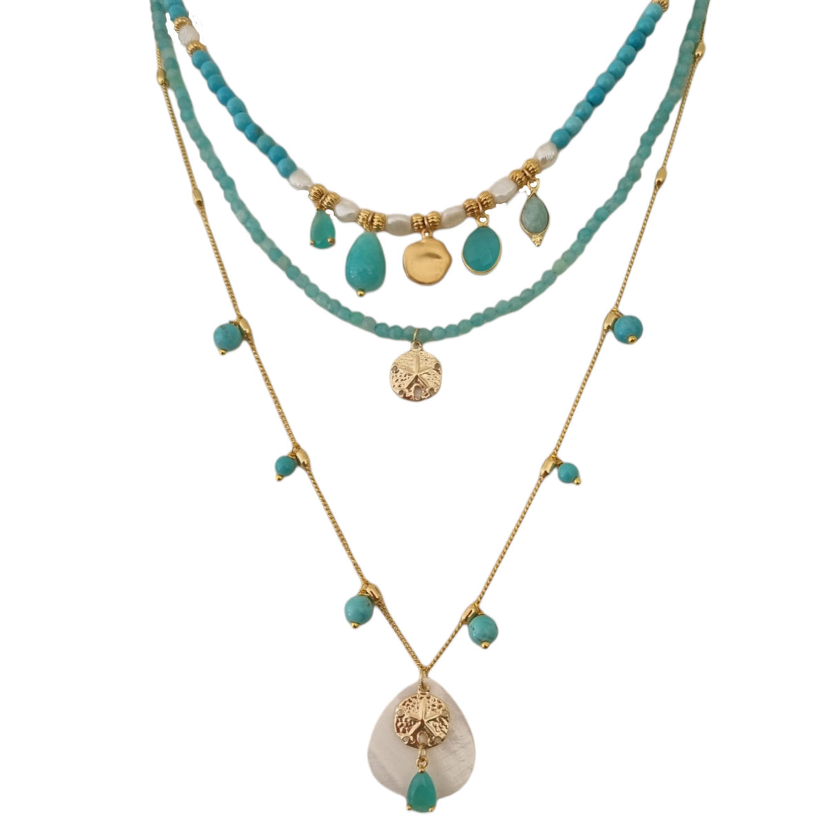 Jamalia Turquoise, Amazonite and Freshwater Pearl stacking Necklaces