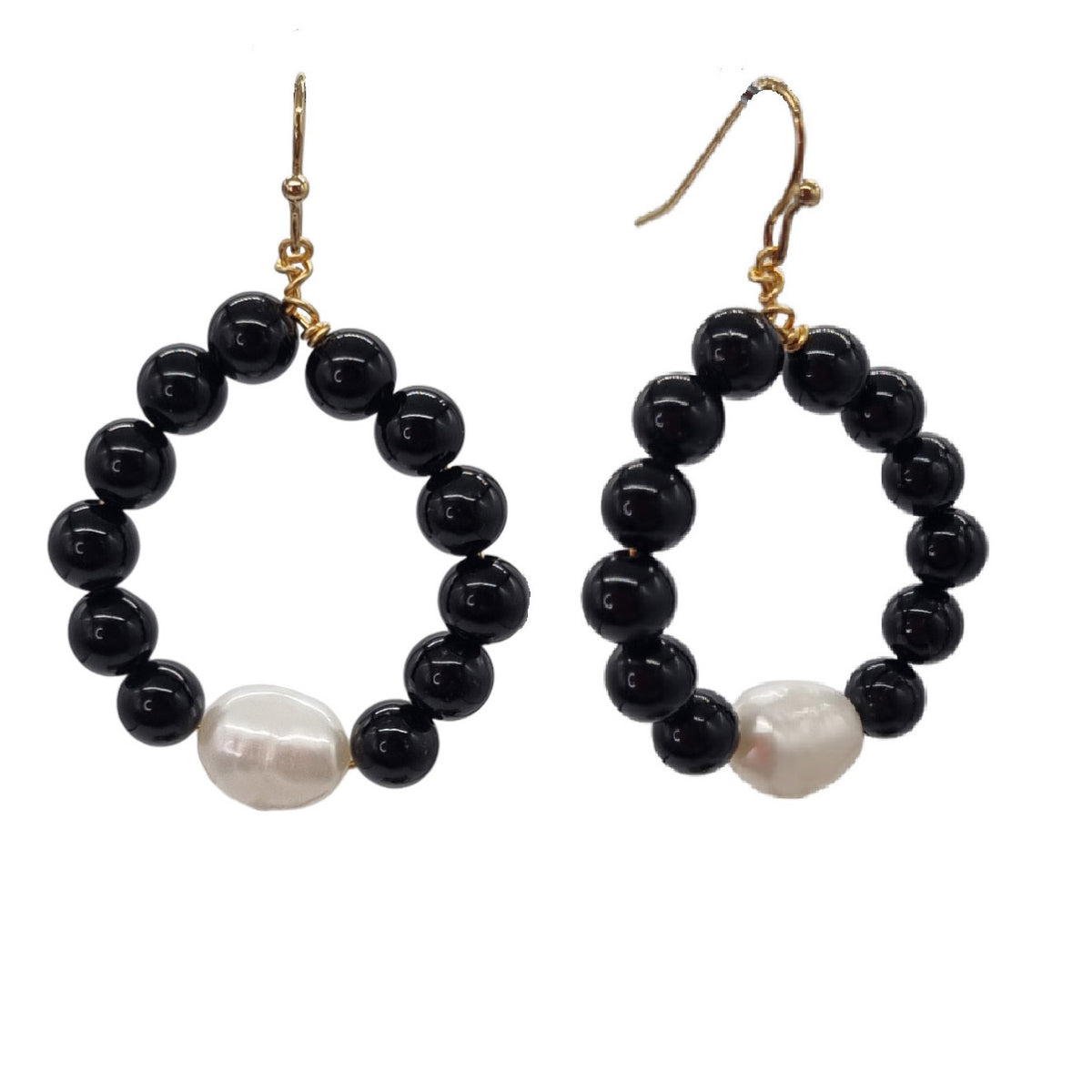 Bonnie Hoop Freshwater Pearl Onyx Earrings Gold or Platinum