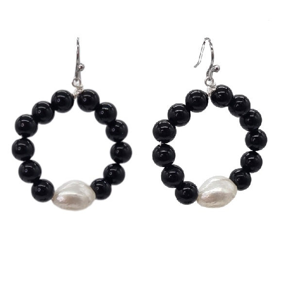 Bonnie Hoop Freshwater Pearl Onyx Earrings Gold or Platinum