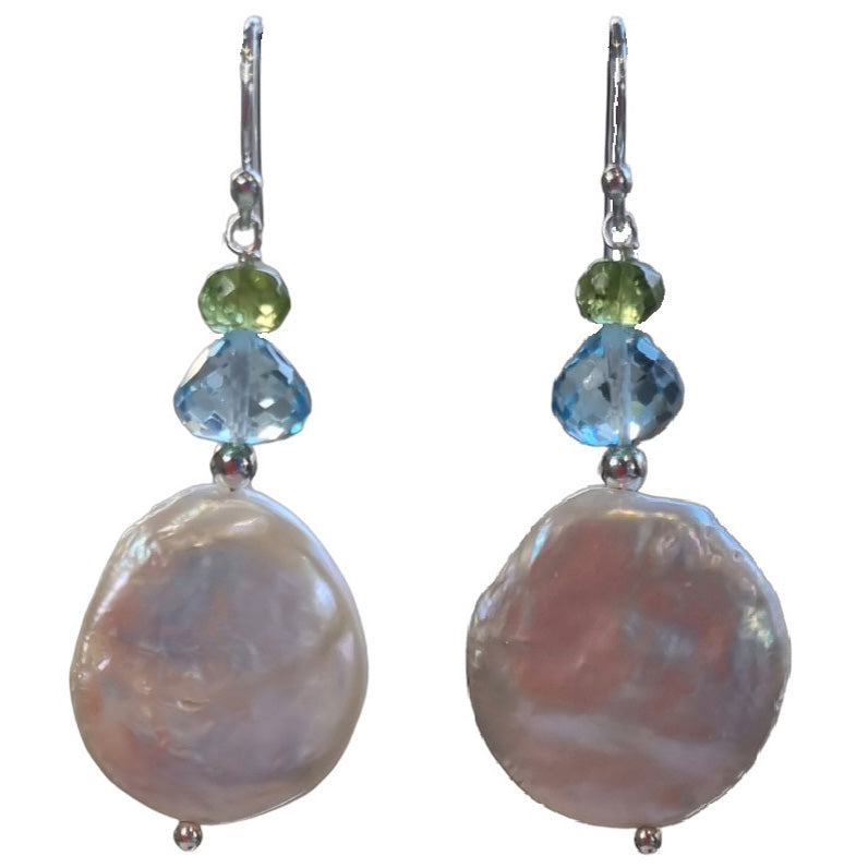 Blush Blue Topaz, Peridot & Freshwater Pearl Earrings Silver or Gold filled