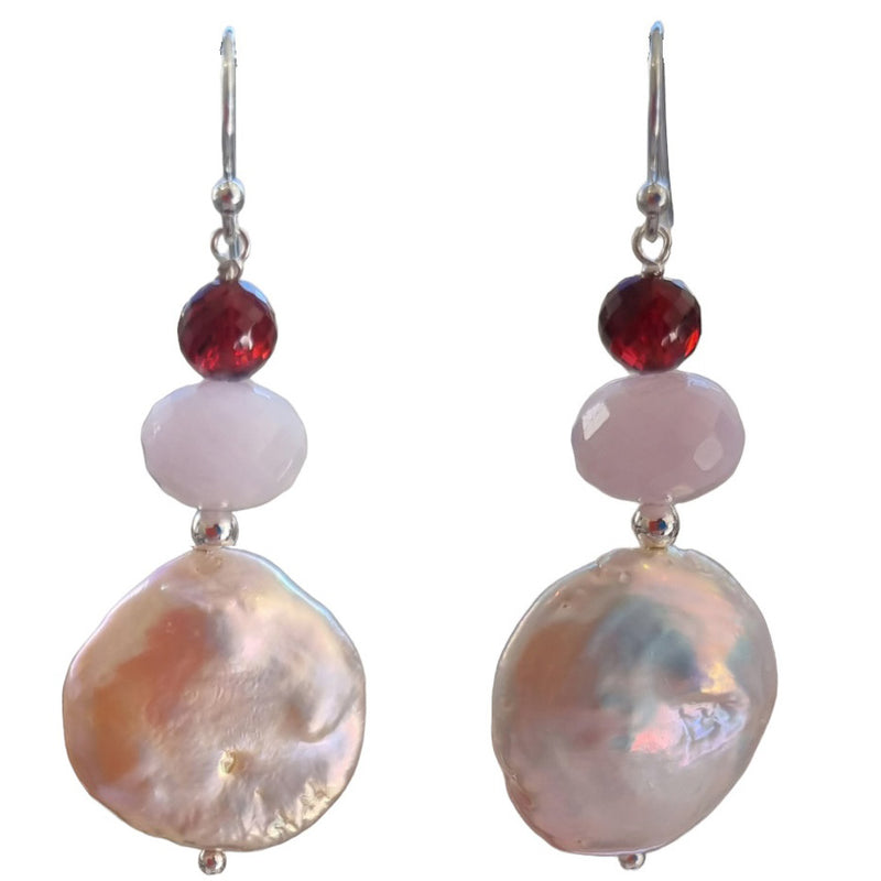 Blush Kunzite, Garnet &  Freshwater Pearl Earrings Silver or Gold filled