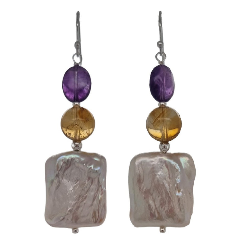 Blush Citrine, Amethyst &  Freshwater Pearl Earrings Silver or Gold filled