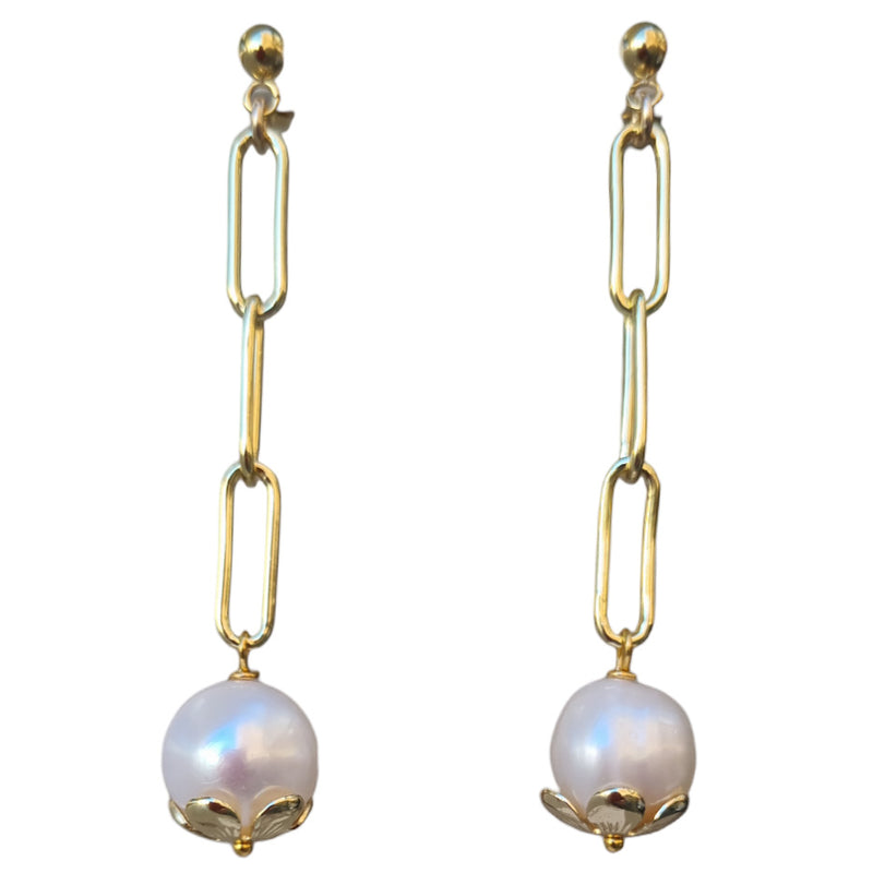 Charlene Paperclip Chain Freshwater Pearl Stud Earrings