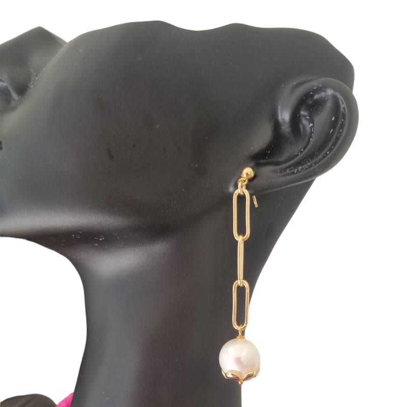 Charlene Paperclip Chain Freshwater Pearl Stud Earrings