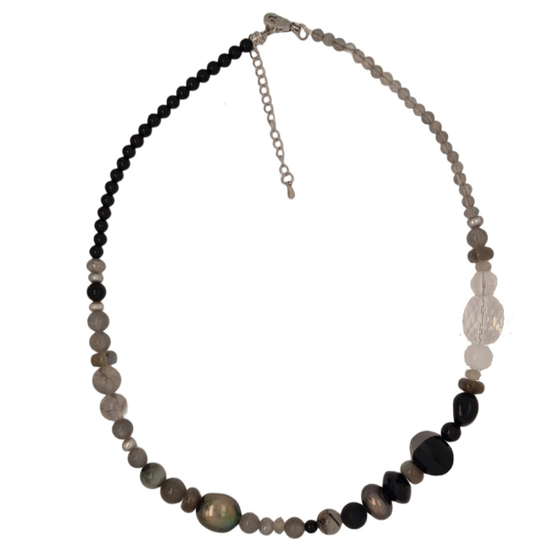 Ebon Onyx, Labradorite, Moonstone, Quartz & Pearl Necklace