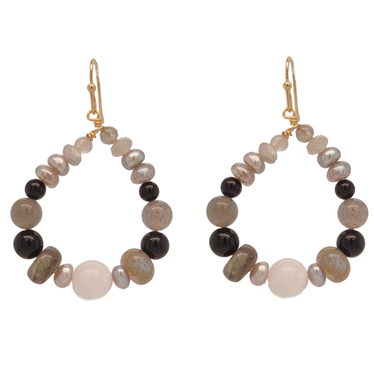 Ebon Onyx, Labradorite, Moonstone & Pearl Hoop Earrings