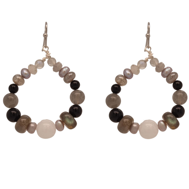 Ebon Onyx, Labradorite, Moonstone & Pearl Hoop Earrings